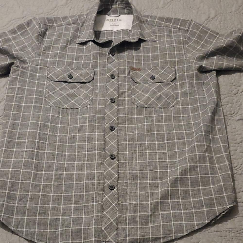 Orvis Men's Gray Windowpane Plaid Button-Down Shirt Size MEDIUM